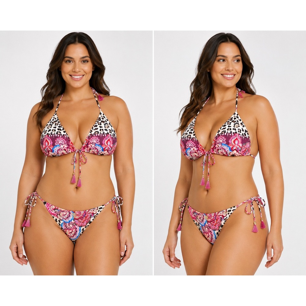 Nanette Lepore Azalea Bikini Set Leopard Paisley Tassel‎ Pink Blue Womens 12 NEW